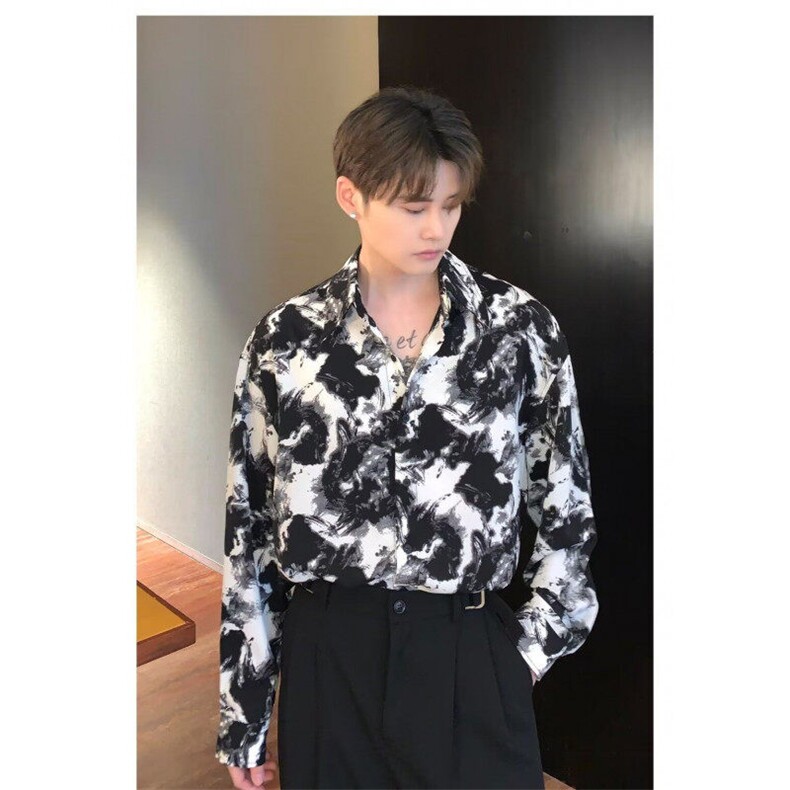 【有货】DY05-P38水墨画长袖衬衫男新款潮流宽松休闲痞帅衬衣图片