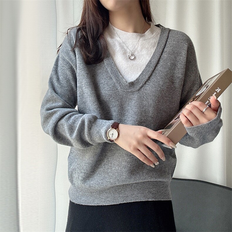 羊范2025春季新款羊毛针织衫女圆领假两件拼色洋气百搭毛衣,女装羊毛衫,臻纶羊绒