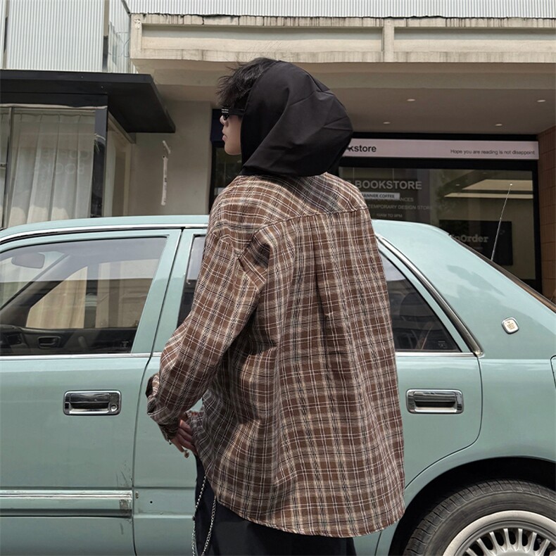 春夏新品原创小众设计感连帽系带长袖衬衫男士拼接格纹长袖衬衣潮,男装衬衫,电商B319
