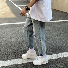 kz11韩版夏天休闲破洞牛仔九分裤男宽松潮流阔腿牛仔裤F64，男装牛仔裤，星座1008