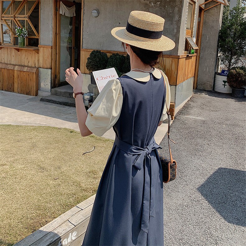 23夏新品娃娃领假两件复古拼色长连衣裙2C075-128-P115控168,女装连衣裙,菡迪欧娜