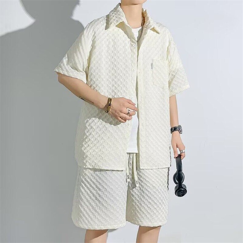 夏季冰丝短袖衬衫套装男士潮流2025新款休闲运动短裤穿搭一套衣服,男装衬衫,星座506