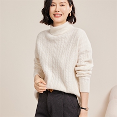 七针大绞花宽松高翻领女士羊绒衫30%羊绒，女装羊绒衫，名驰羊绒