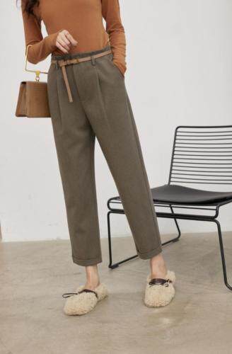 冬季新款口袋显瘦显高遮肉高腰锥形裤呢料休闲裤，女装休闲裤，拉嘉图