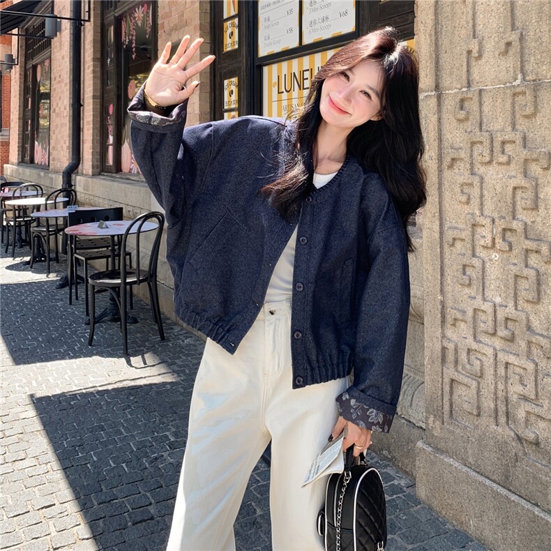深蓝色休闲短款牛仔外套女春秋2025新款超火好看印花拼接夹克上衣,女装短外套,维壹