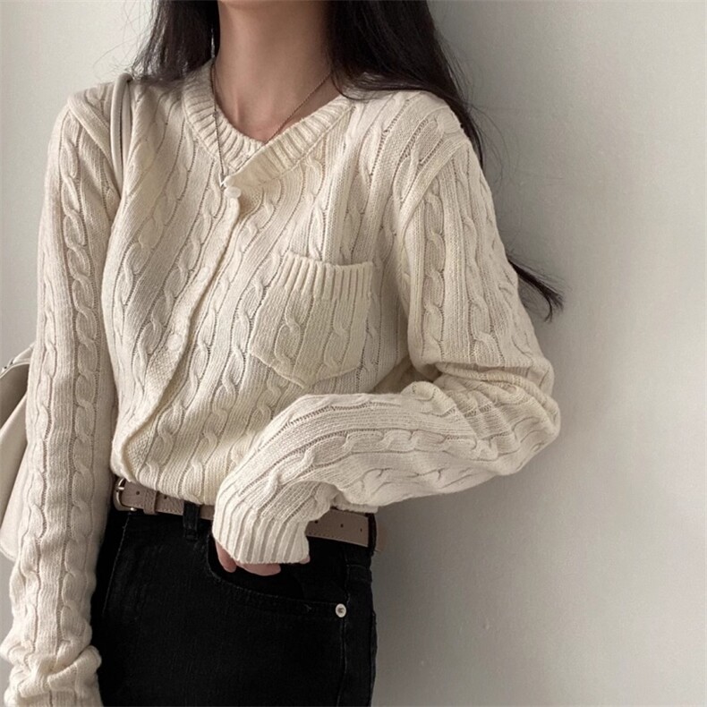 秋冬100%纯羊毛开衫女圆领麻花针织毛衣宽松显加厚羊绒衫打底上衣，女装羊毛衫，胜智羊绒