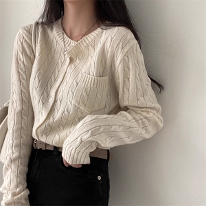 秋冬100%纯羊毛开衫女圆领麻花针织毛衣宽松显加厚羊绒衫打底上衣，女装羊毛衫，胜智羊绒