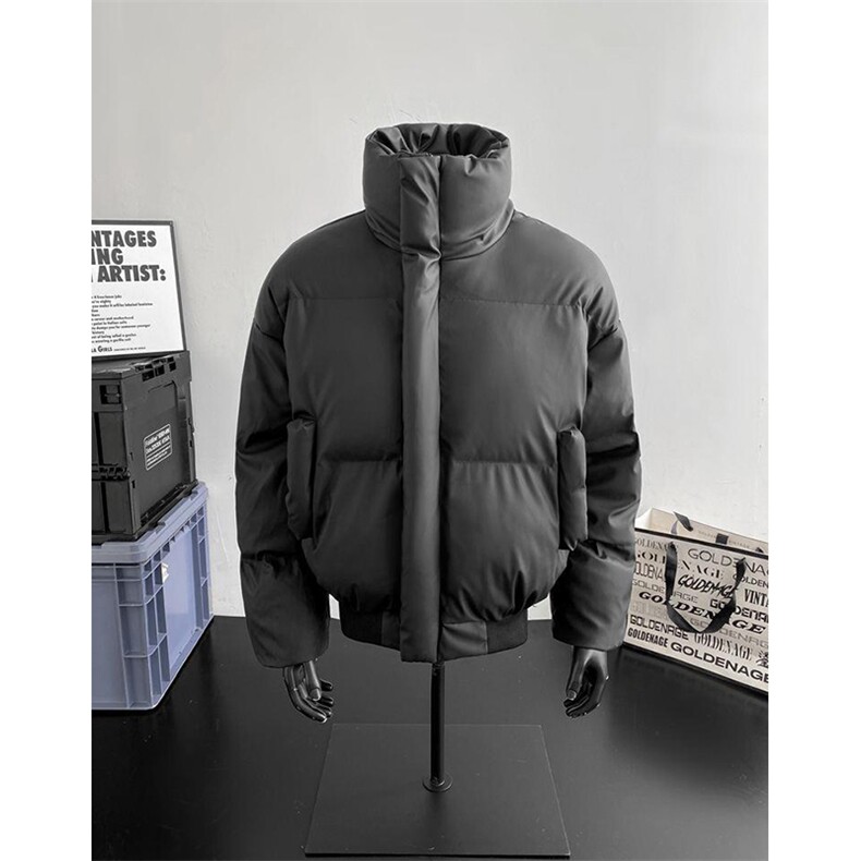 现货5W件冬季三防重磅硬挺boxy短款羽绒立领PU皮棉衣外套加厚棉服图片