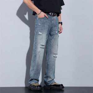 直筒牛仔裤男春夏款宽松显瘦设计感小众阔腿微喇长裤子DY47#-P57图片