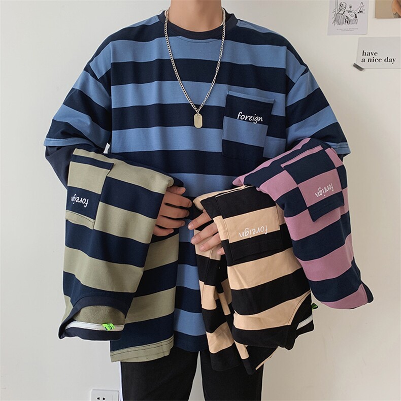19年秋冬新款假两件条纹休闲潮流时尚款卫衣DS-B293-N101,男装卫衣,电商A306