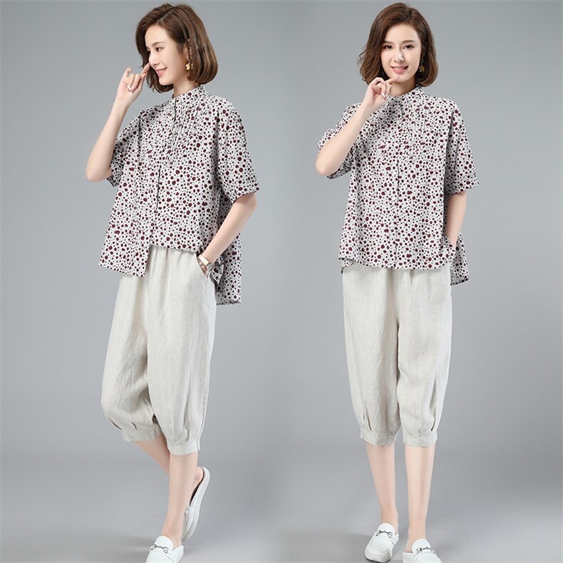 2022夏季新款时尚小碎花上衣+亚麻七分裤两件套，女装套装/套裙，独衣靓