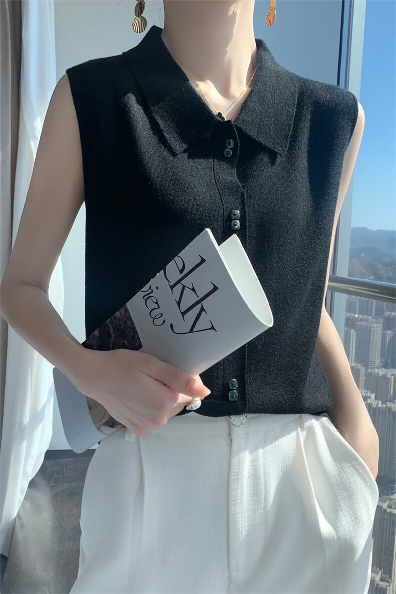 通勤极简风无袖常规薄款毛针织衫衬衫轻奢宽松气质时尚休闲百搭,女装背心吊带,昭美羊绒