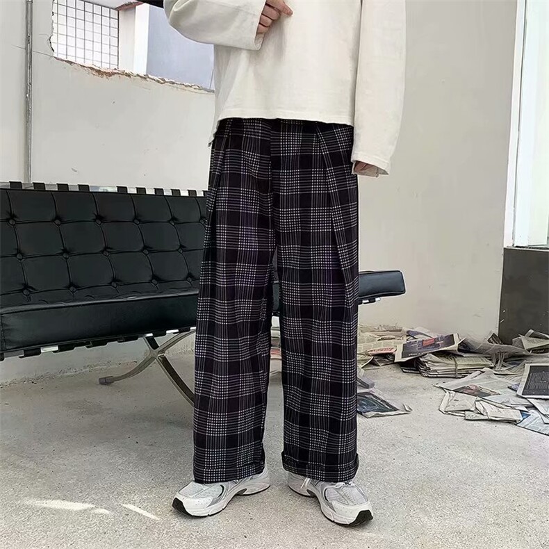 新款休闲裤直筒潮流潮牌ins港风宽松百搭格子阔腿长裤秋k320-p35,男装休闲裤,星座1008