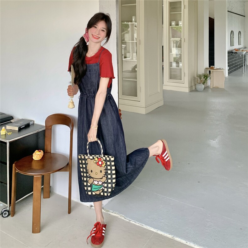 复古牛仔吊带连衣裙套装女2025夏季新款学院风减龄短袖T恤两件套,女装套装/套裙,2C012