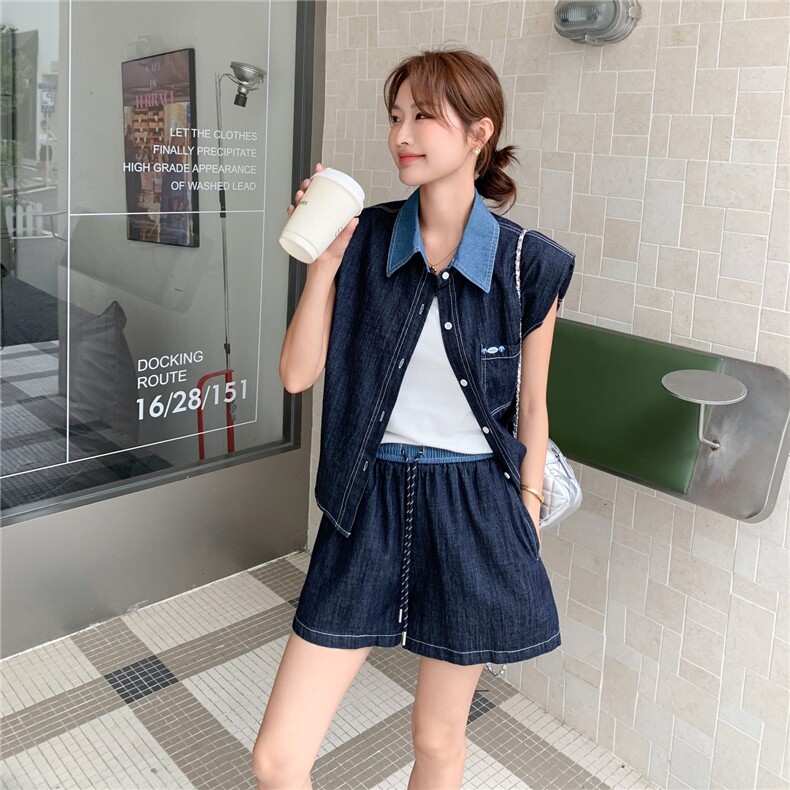 现货25新款夏装牛仔短裤套装三件套2D044-766-P145-K225图片