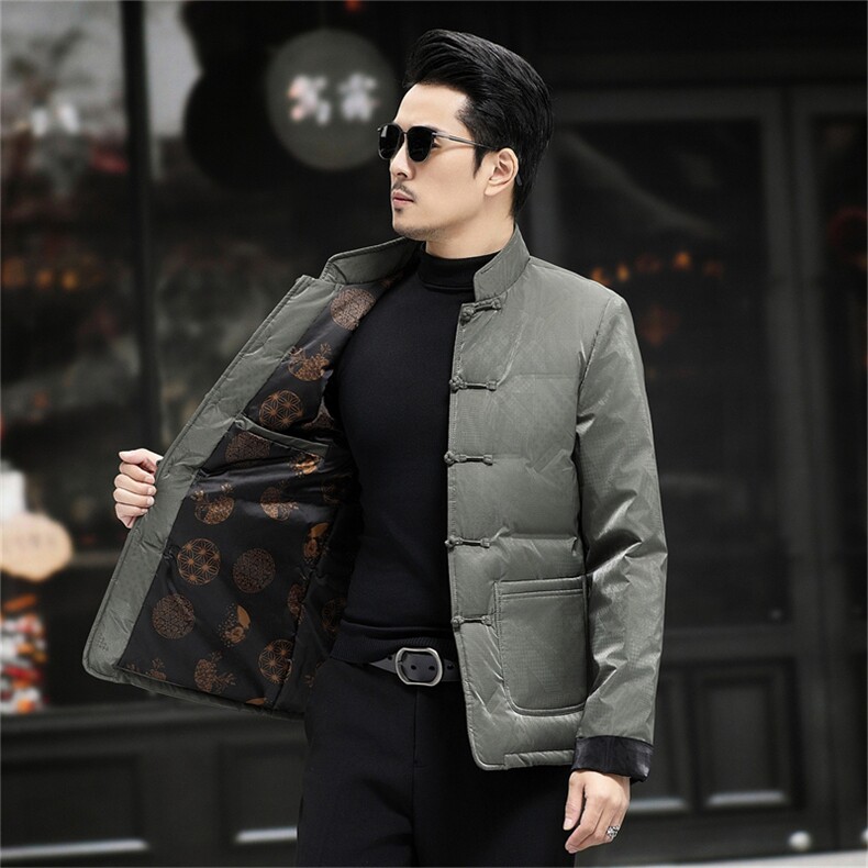男装中年唐装90绒羽绒服男复古盘扣风羽绒服外套中式唐装,男装羽绒服,钱塘723