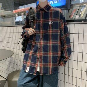 C83潮牌宽松酒红色格子衬衫男女情侣街头流行通勤长袖衬衣薄外套