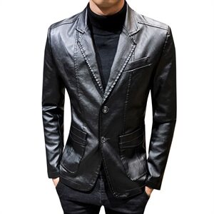 潮流修身皮西装小码男装原创PU皮皮外套休闲西服男士韩版J图片