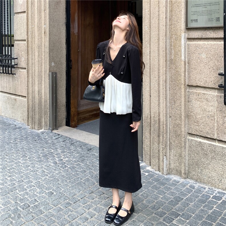 轻熟风穿搭黑色套装女初春秋超火好看高级感拼接上衣半身裙两件套,女装套装/套裙,2C098