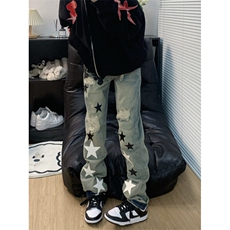 【008】刺绣五角星牛仔男女潮牌修身直筒破洞贴布A079-N079-P47，男装休闲裤，电商A079