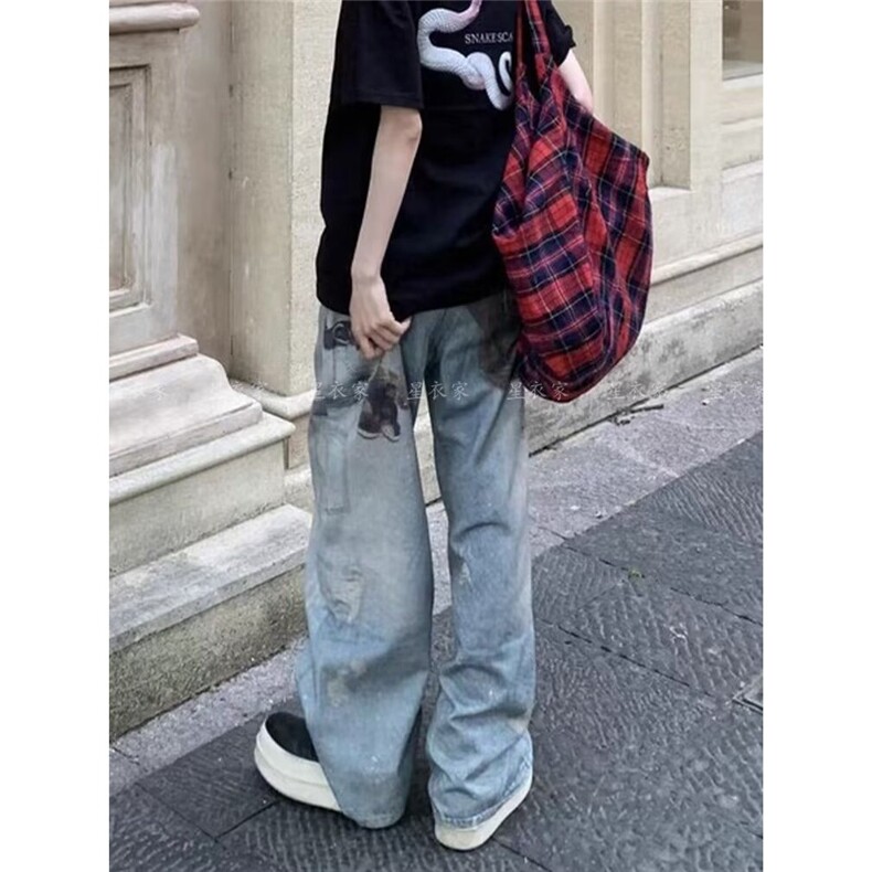 2025春夏新款多钥匙链条爱心小熊数码印花牛仔裤宽松弯刀裤女阔腿,男装牛仔裤,星座506A