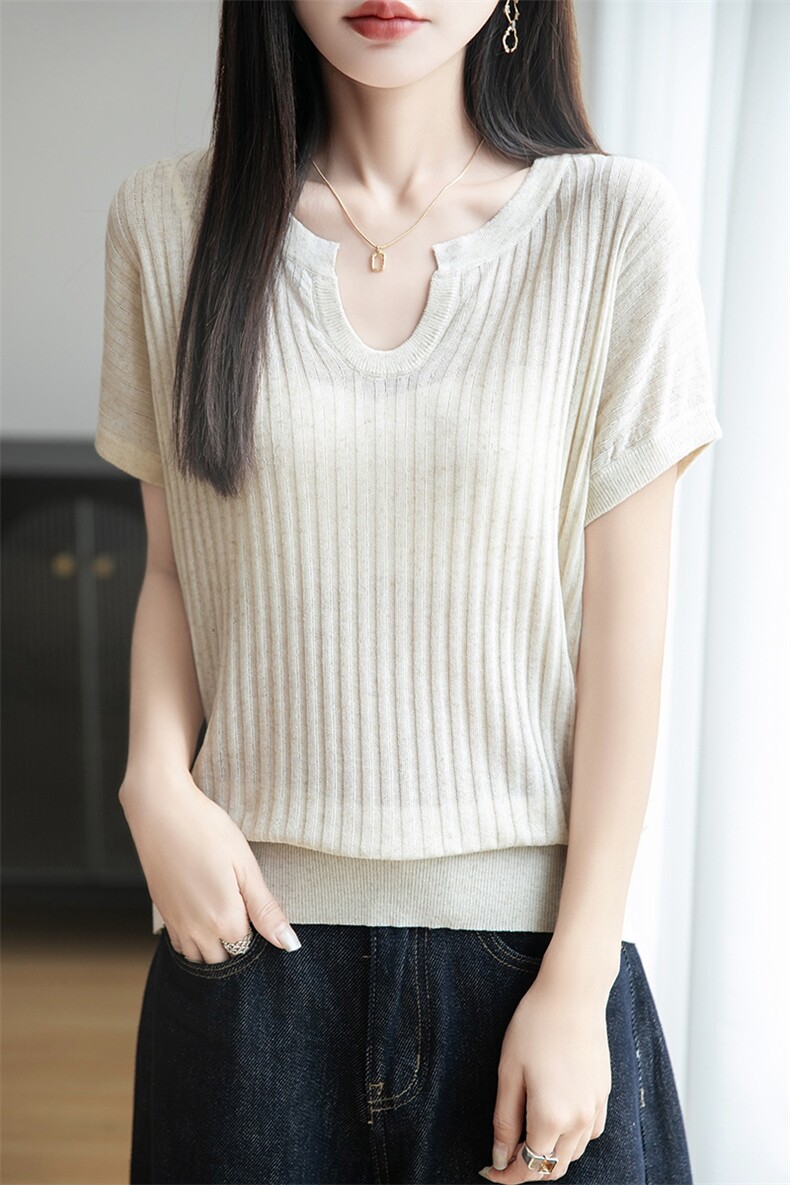 夏季款莱赛尔天丝针织短袖T恤女剪刀V领坑条上衣宽松半袖打底背心,针织衫/毛衣,暖烁特种纱工厂店
