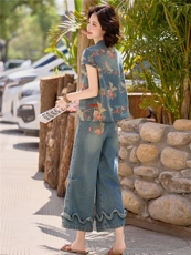 中式复古印花短袖上衣阔腿裤套装女夏两件套气质显瘦2026年夏季，女装套装/套裙，欣品汇