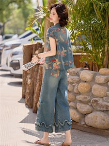 中式复古印花短袖上衣阔腿裤套装女夏两件套气质显瘦2026年夏季图片