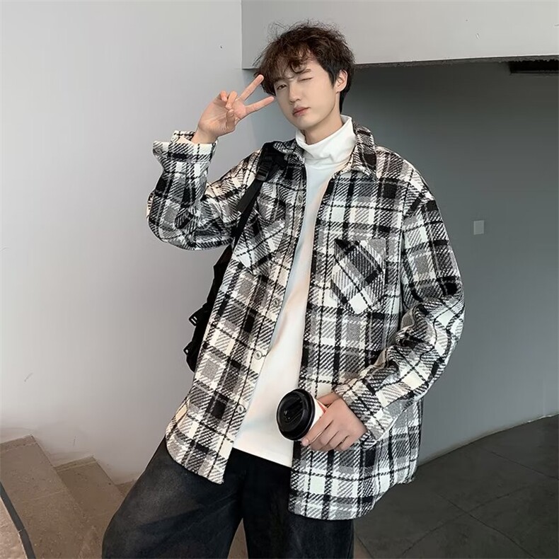 外套男毛呢格子日系秋冬季复古宽松加厚衬衫工装夹克衬衣C28-P63,男装衬衫,星座308B-2