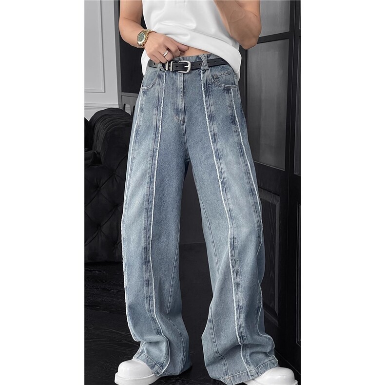 夏季新款潮流美式复古拼接设计感立体百搭宽松牛仔长裤NA1247-P55，男装休闲裤，星座208-5