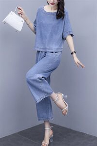 时尚牛仔套装女夏2025年夏季新款女装气质夏天坠感阔腿裤两件套裤图片