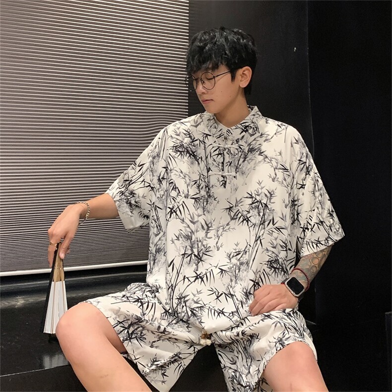 量大优供视频新风竹叶印花冰丝短袖短裤套装男TZ2403-特P50,男装休闲套装,电商A028
