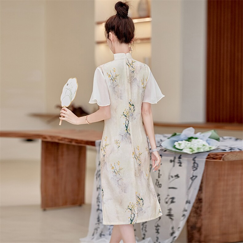中式连衣裙女夏季新款提花长裙送考开叉雪纺裙改良版奥黛日常旗袍,女装连衣裙,利佳可人