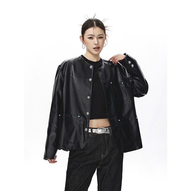 可二开无影墙绿宝石扣大码M-5XL鳄鱼皮蛇纹夹克女JK78066P85控138图片