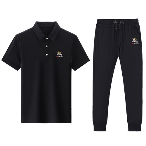 轻奢高端冰丝套装男春夏季成熟潮流休闲男士中老年短袖运动服上衣图片
