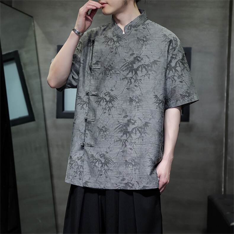 中式2024真棉麻斜门襟风复古汉服盘扣立领短袖衬衫CS35-P65,男装衬衫,电商A021