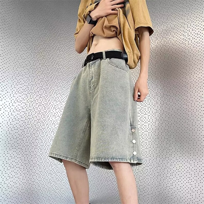排扣开衩重磅牛仔短裤男夏季美式高街做旧复古五分裤D906P38,男装牛仔裤,星座1116-2