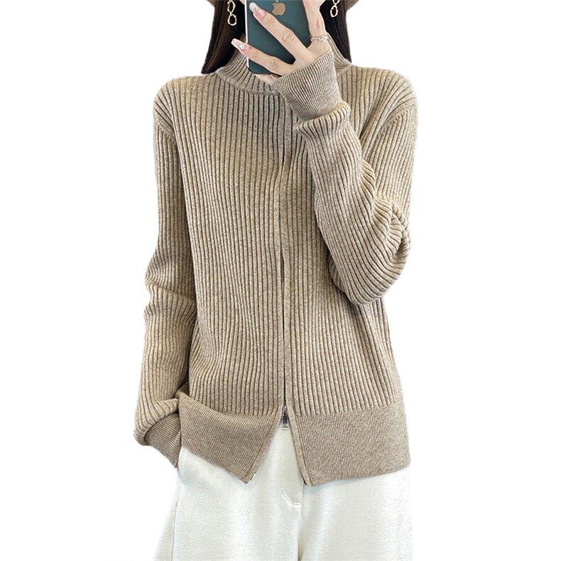 秋冬新羊毛开衫外套女高领宽松拉链毛衣时尚百搭针织羊毛外套,针织衫/毛衣,德尔信羊绒