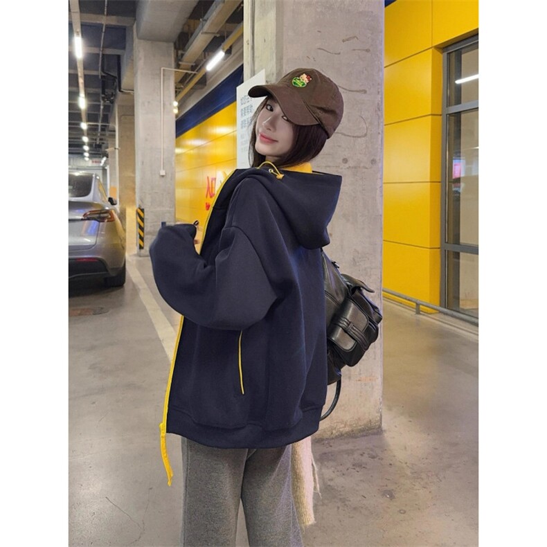 藏青色撞色拉链开衫连帽卫衣男款秋季cleanfit宽松休闲情侣外套,女装短外套,星座506A