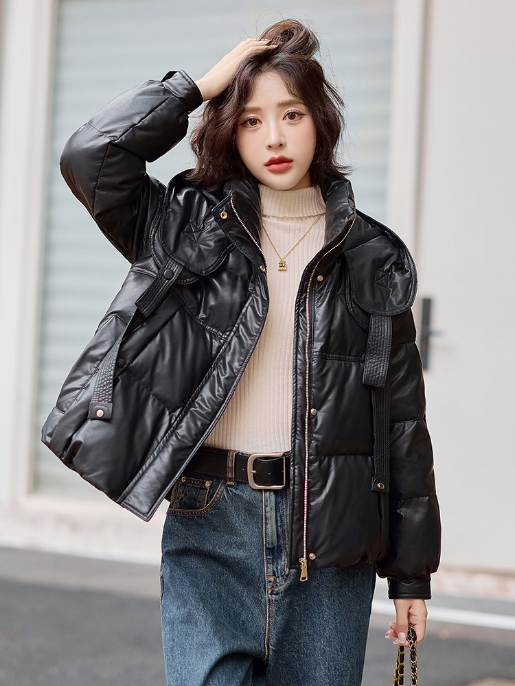 冬季新品时尚保暖白鸭绒皮羽绒服女装短款宽松外套,女装羽绒服,魅衣本色