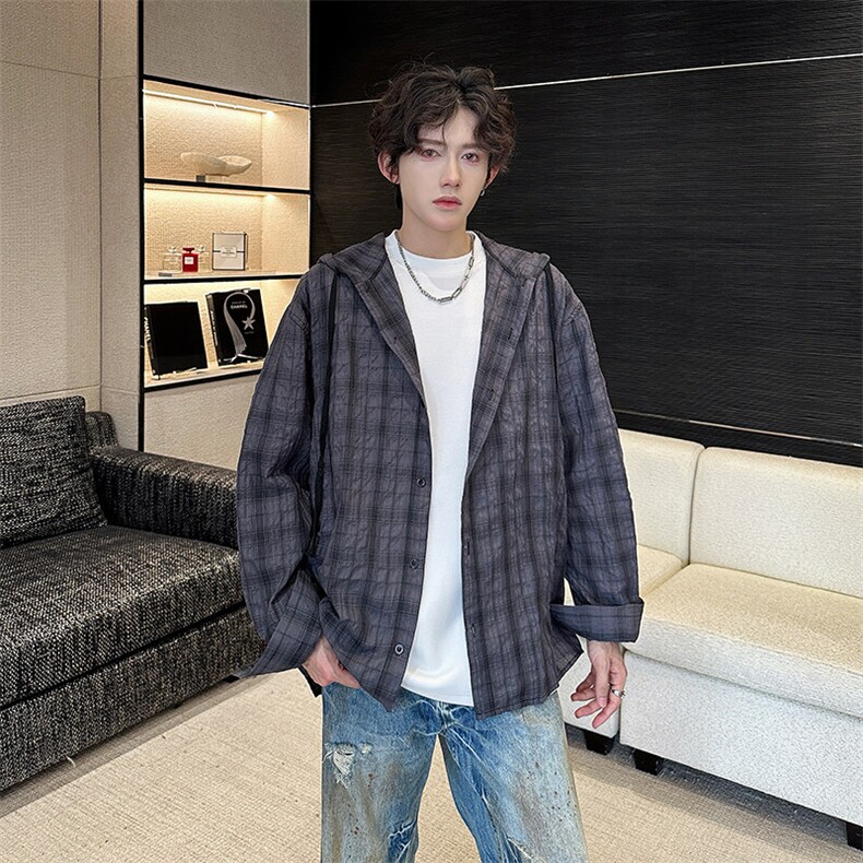 夏季新款轻薄连帽防晒衬衫潮流慵懒风休闲格子防晒衣，男装防晒衣，星座410-7