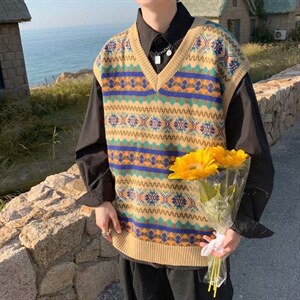 针织新款港风休闲宽松无袖上衣坎肩背心马甲男2021秋季 W1490-P35图片