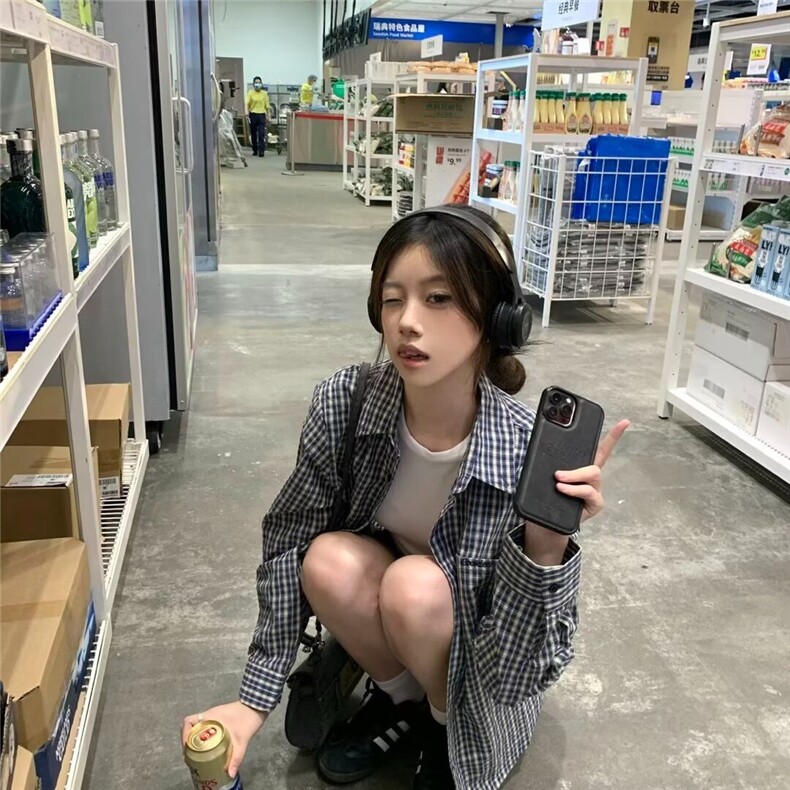 CS8-P34高级感蓝色格子衬衫女复古女装百搭气质上衣宽松休闲,男装衬衫,电商B323A