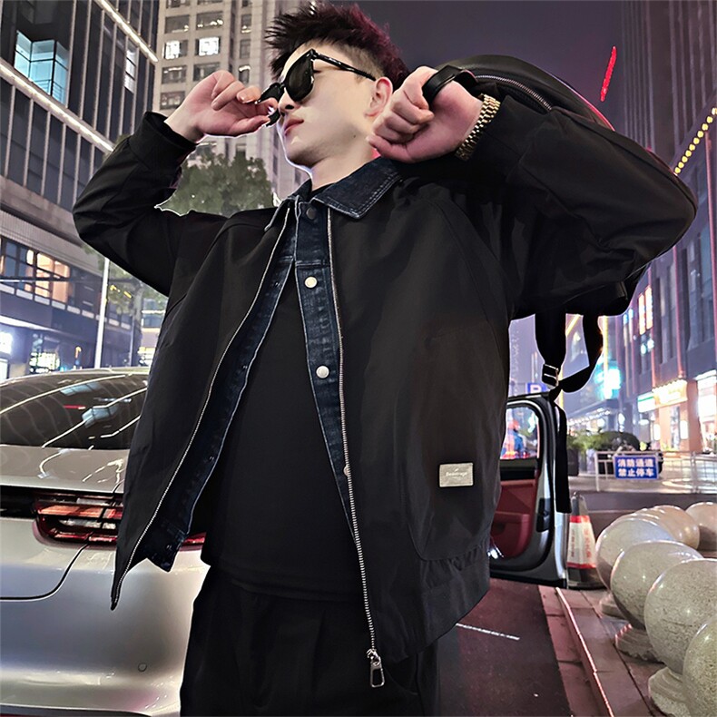 BK20/P118控158春季美式复古假两件拼接牛仔领夹克外套男黑首1，男装夹克，星座305B