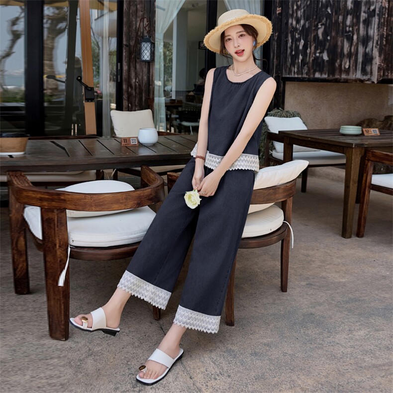 轻熟风蕾丝拼接马甲套装女夏季新款薄款时尚轻奢气质阔腿裤两件套,女装套装/套裙,臻衣坊