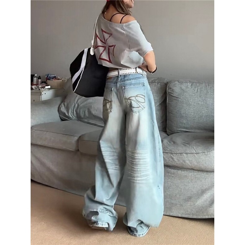 美式复古浅蓝阔腿牛仔裤新款高腰宽松直筒拖地裤子K7124-P47网图，女装休闲裤，电商B245