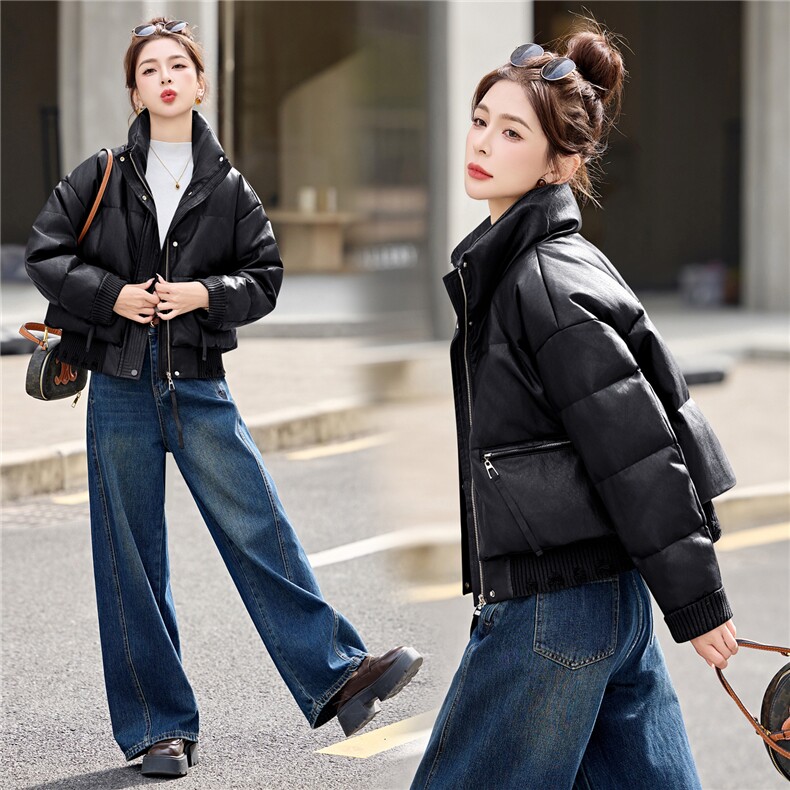 小个子短款PU皮羽绒服女2026年冬装新款白鸭绒洋气时髦免洗外套潮,女装羽绒服,意芙