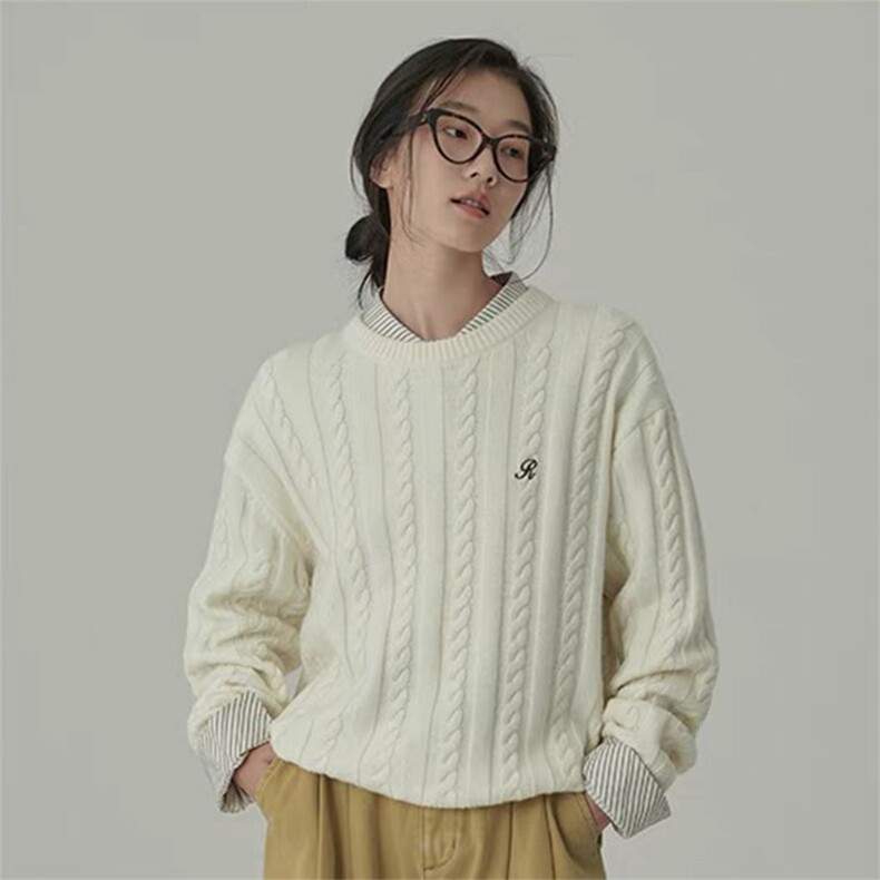 时尚百搭宽松麻花针织羊毛衫女气质显瘦学院风毛衣外套,女装羊毛衫,泰沅羊绒
