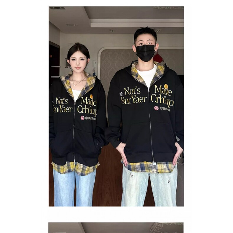 美式复古刺绣开衫连帽卫衣男女秋冬潮流情侣装休闲上衣假两件外套,女装短外套,四季星座505