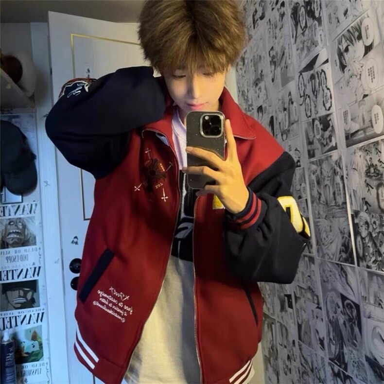 新款百搭有版型高质量美式复古撞色立领刺绣棒球服外套 JFY81图片